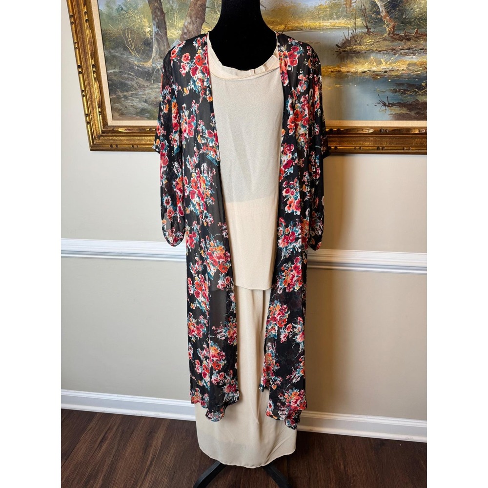 Lu Los Angeles 3 Piece Set XL Beige Maxi Skirt Top Floral Sheer Duster USA